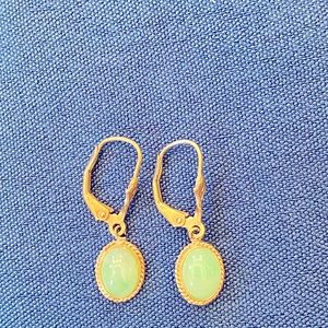 Light jade and gold earrings.  Small with 1 1/2 inch drop.